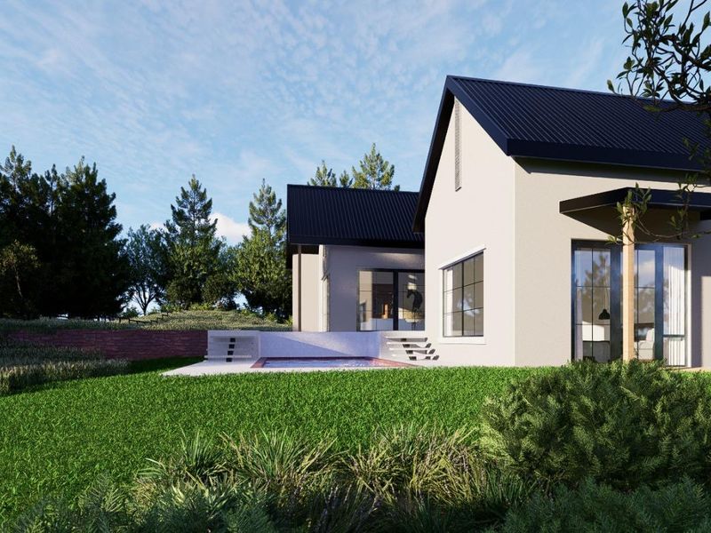 A modern residential exterior featuring a rear patio, swimming pool, and landscaped garden area with a contemporary metal roof design.