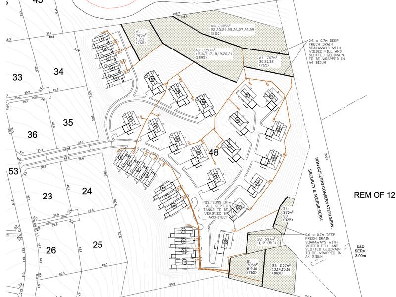 A detailed site development plan showing subdivision layout, drainage infrastructure, and designated conservation areas for the residential land development.