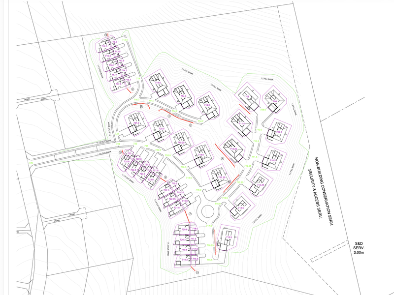 A detailed site development plan showing the layout of residential plots, access roads, and topographical contours for the vacant land development.