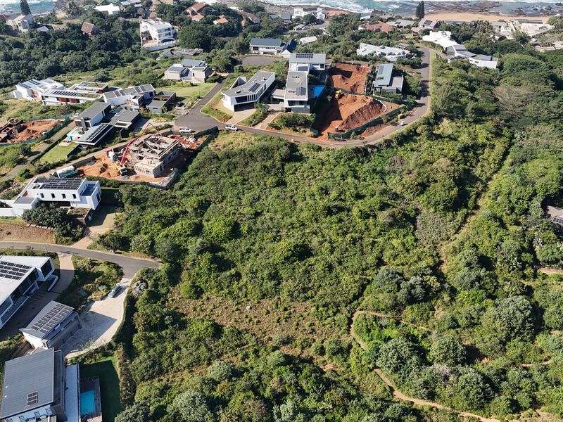 An aerial view of a residential estate featuring undeveloped land plots surrounded by established modern homes and coastal vegetation.