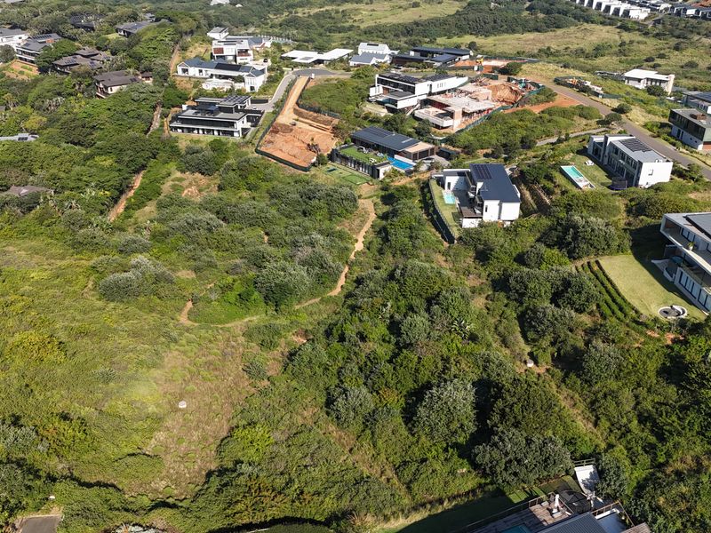 An aerial view of a vacant residential plot surrounded by established coastal vegetation and neighboring modern luxury homes.