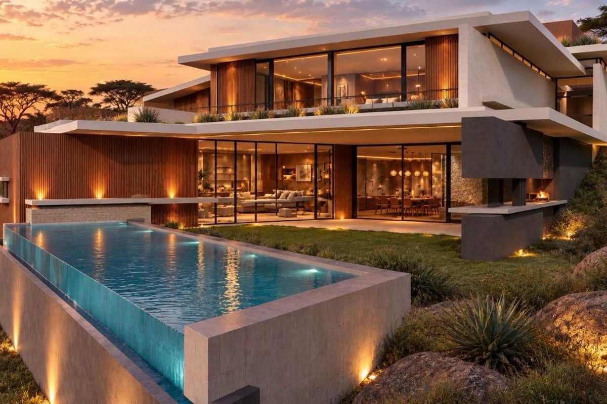 A luxury modern residence featuring an infinity edge pool, expansive glass sliding doors, and integrated outdoor living spaces set against a scenic landscape.
