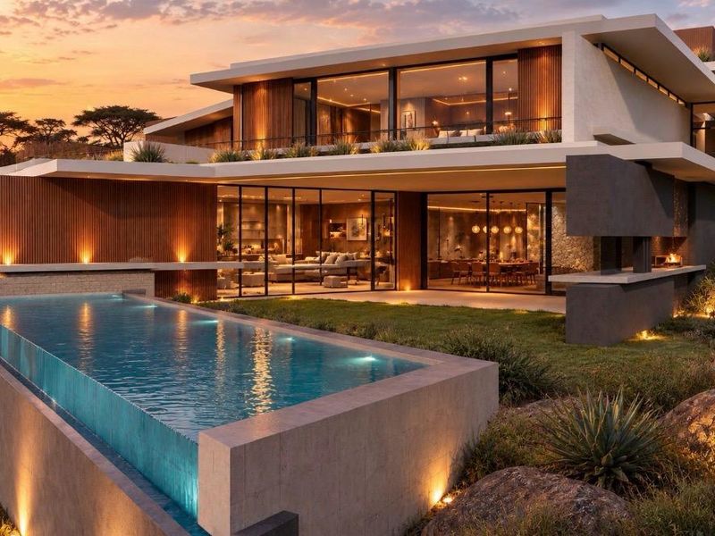 A luxury modern residence featuring an infinity edge pool, expansive glass sliding doors, and integrated outdoor living spaces set against a scenic landscape.
