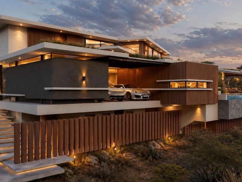 A stunning modern architectural residence featuring timber cladding, a floating staircase, integrated lighting, and an infinity pool set against a natural landscape.