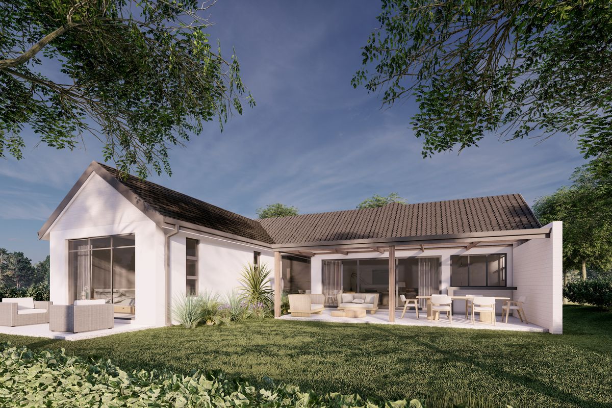 A rear view of the property featuring a covered patio with timber pergola, sliding glass doors, and a well-maintained landscaped garden.