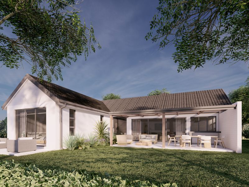 A rear view of the property featuring a covered patio with timber pergola, sliding glass doors, and a well-maintained landscaped garden.