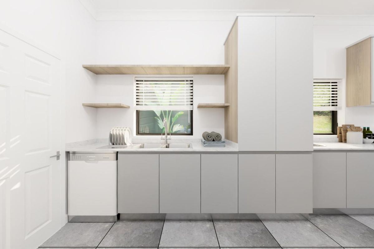 Modern kitchen featuring sleek cabinetry, stone countertops, floating shelves, and integrated appliances with neutral finishes and tiled flooring.