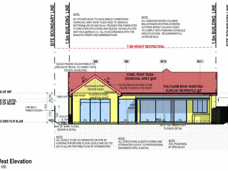 Architectural South West elevation drawing detailing roof specifications, building materials, and structural heights for the property.
