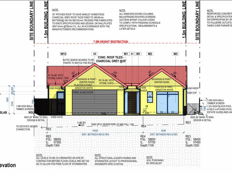 Architectural north east elevation floor plan detailing roof specifications, building materials, site boundary lines, and drainage infrastructure for the property.