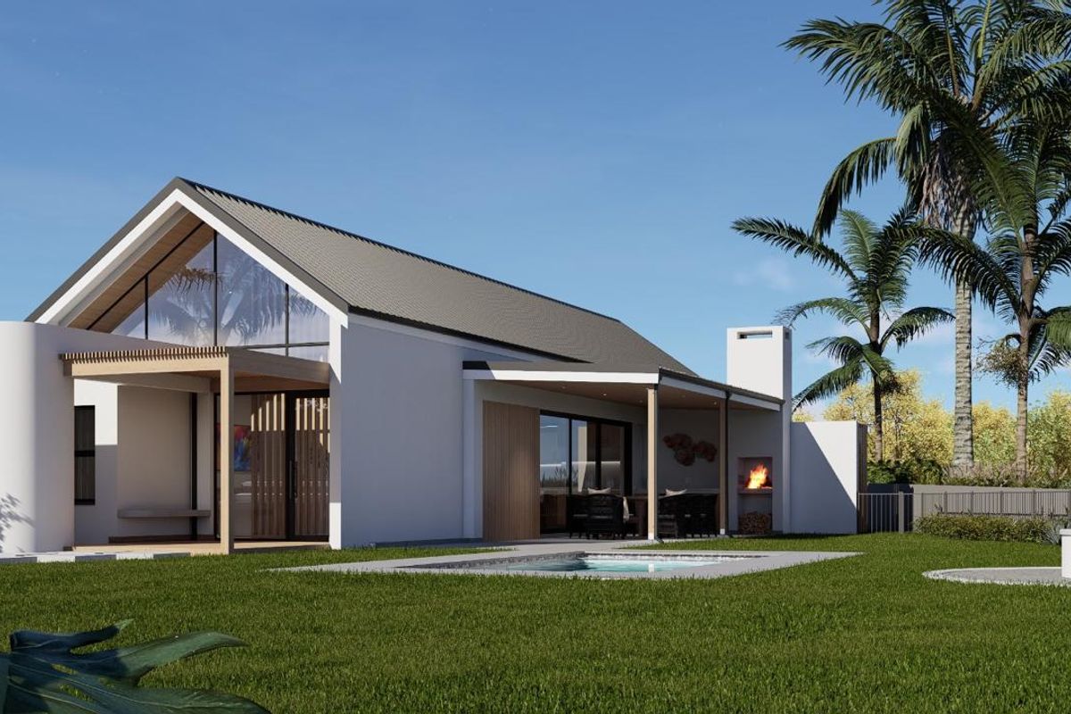 Modern rear exterior view featuring a swimming pool, covered patio with outdoor fireplace, and large glass windows under a pitched roof.