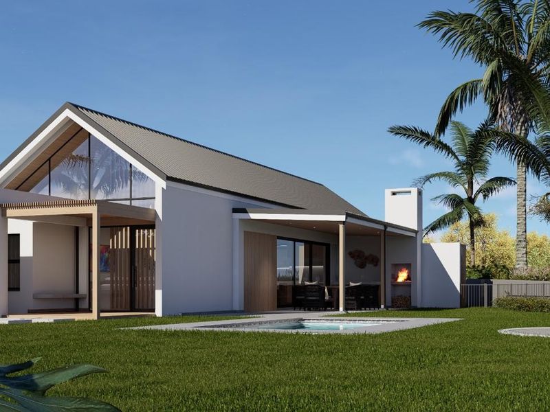 Modern rear exterior view featuring a swimming pool, covered patio with outdoor fireplace, and large glass windows under a pitched roof.