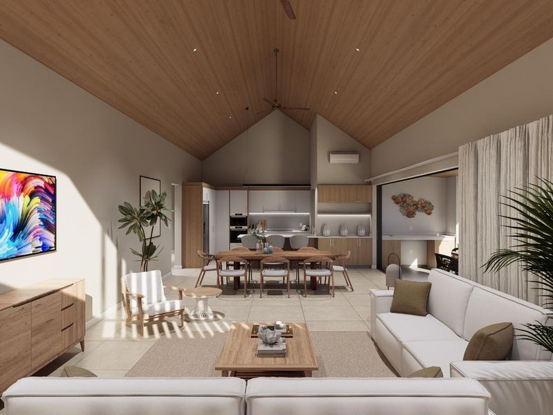 Spacious open-plan living and dining area featuring a high vaulted timber ceiling, modern kitchen with integrated appliances, and seamless flow to outdoor space.