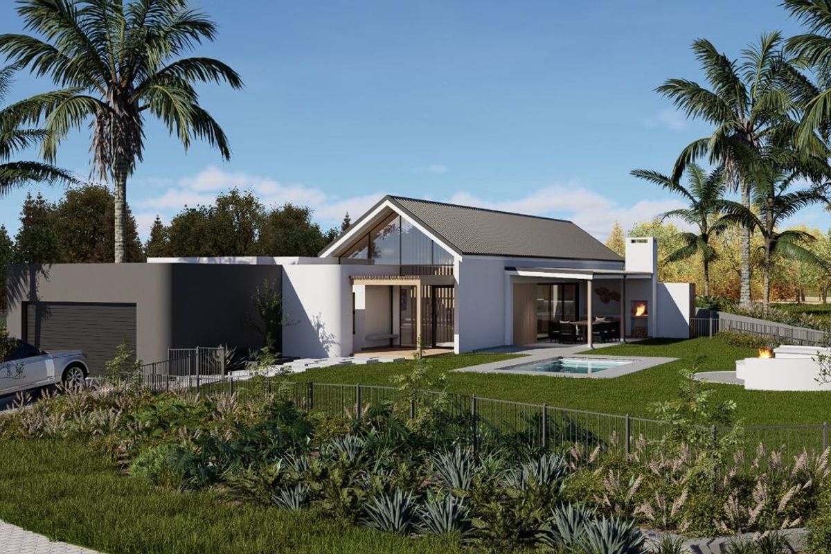 A modern architectural rear elevation featuring a swimming pool, covered patio with built-in fireplace, and a landscaped garden.