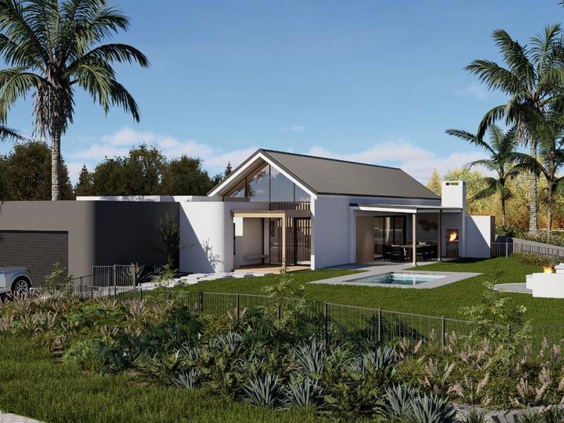 A modern architectural rear elevation featuring a swimming pool, covered patio with built-in fireplace, and a landscaped garden.