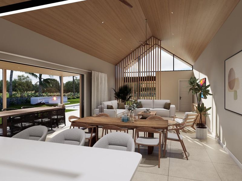 Spacious open-plan living and dining area featuring a vaulted timber ceiling, large sliding doors to the patio, and modern architectural detailing.