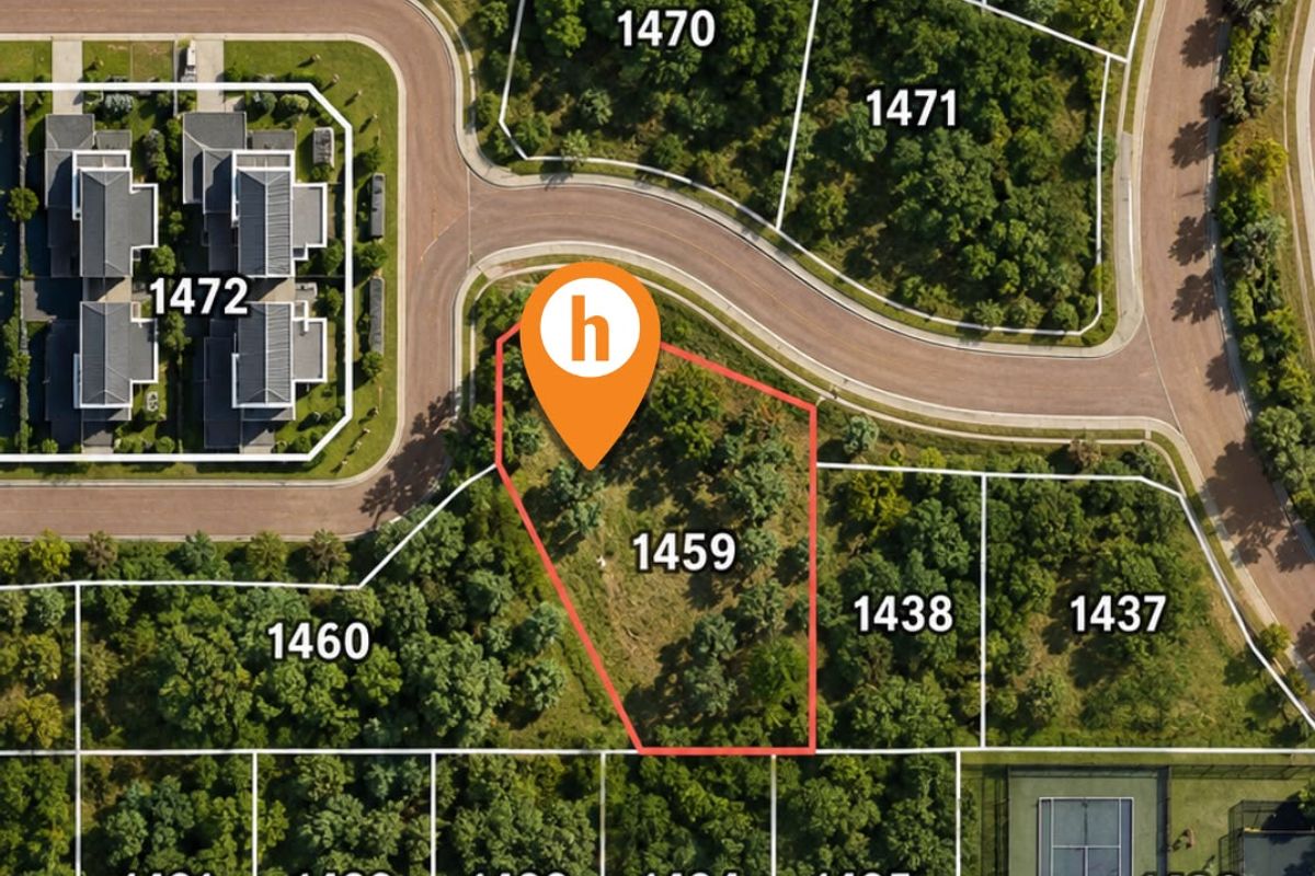 Aerial view of a vacant residential plot, identified as lot 1459, situated within a landscaped estate with surrounding vegetation and nearby tennis courts.
