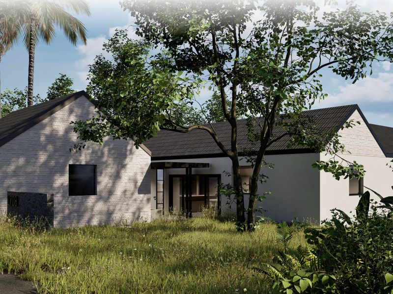 A modern single-story house featuring a pitched roof, brick facade, and a covered entrance, set within a landscaped garden.