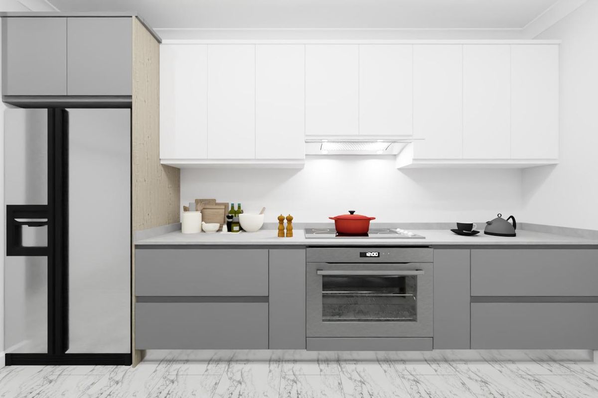 Modern kitchen featuring sleek grey and white cabinetry, stone benchtops, built-in oven, and electric cooktop with integrated extractor fan.