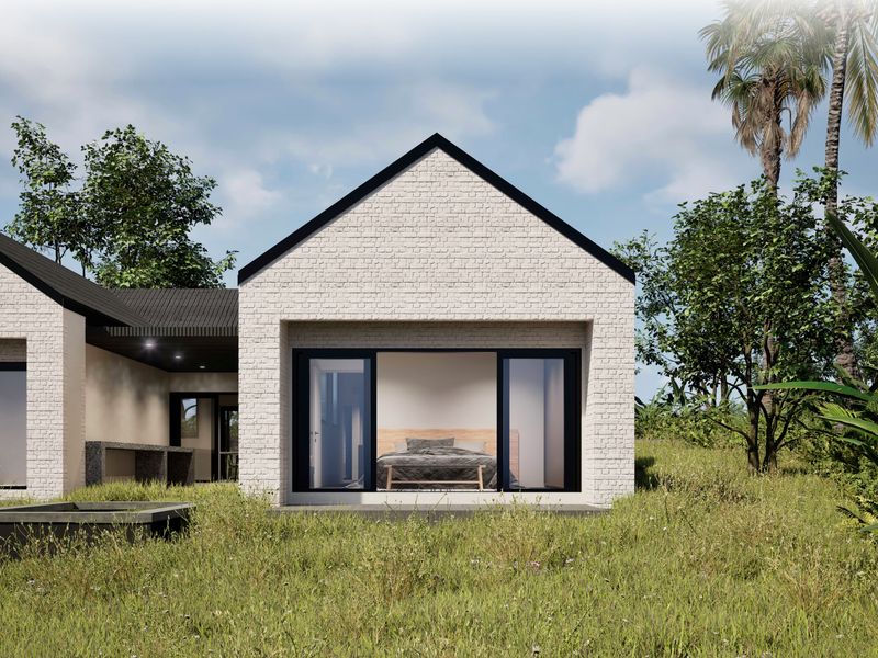 A modern single-story residence featuring white brick exterior walls, black metal roofing, and large sliding glass doors opening to a natural garden setting.