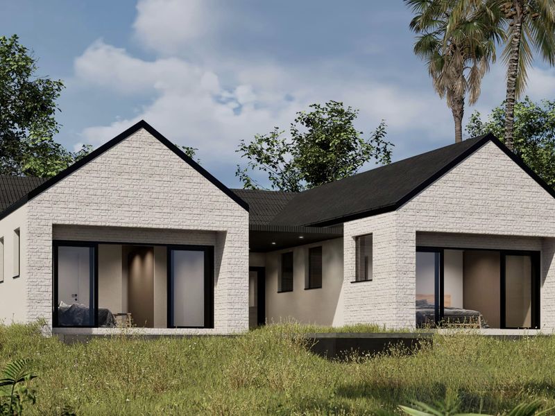 A modern, single-story residential property featuring a white brick facade, pitched roof, and large sliding glass doors opening to a natural garden setting.