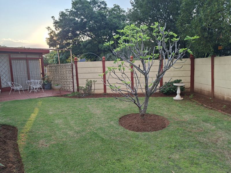 A private rear garden featuring a paved patio area, established tree, and secure precast concrete boundary walling.