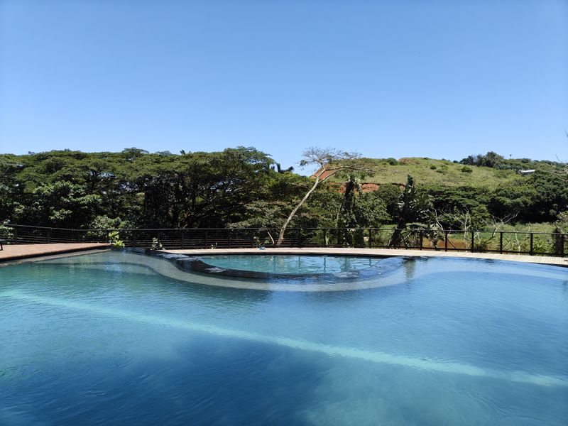 A well-maintained swimming pool featuring timber decking and a metal balustrade, set against a scenic natural landscape.