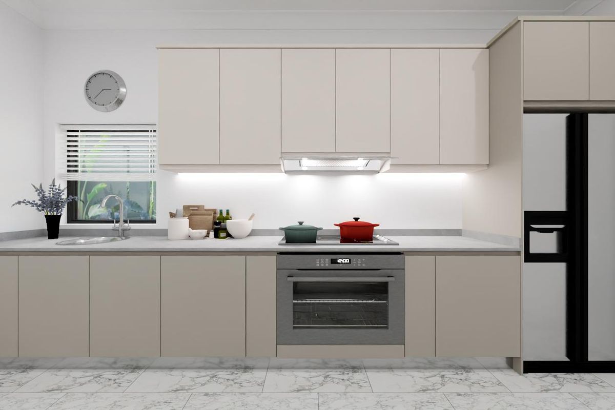 Modern kitchen featuring sleek neutral cabinetry, integrated appliances, stone countertops, and elegant marble-look floor tiles.