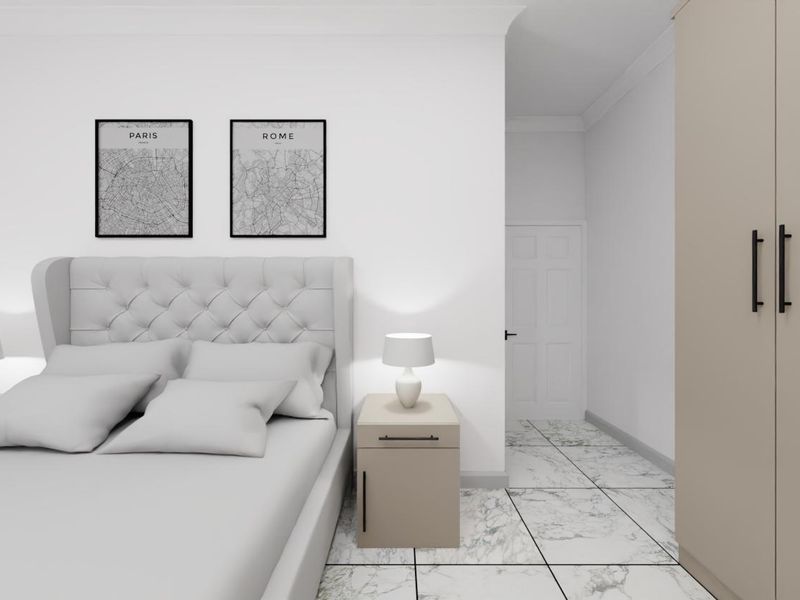 A modern bedroom featuring marble-look floor tiles and a built-in wardrobe, presented in a clean, contemporary style.