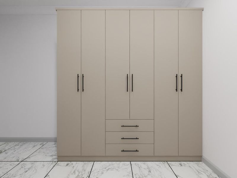 A clean, modern bedroom featuring a large, neutral-toned built-in wardrobe with integrated drawers and elegant marble-look floor tiles.