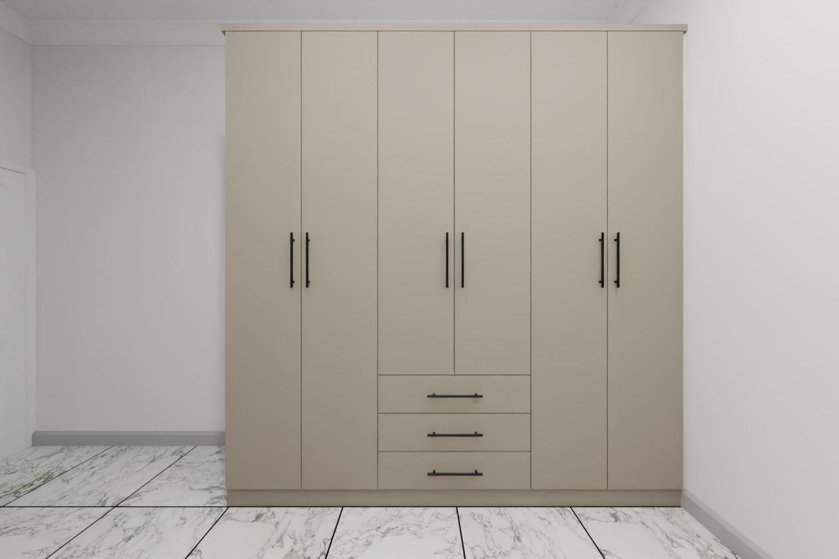 A clean, modern bedroom featuring a large, neutral-toned built-in wardrobe with integrated drawers and elegant marble-look floor tiles.
