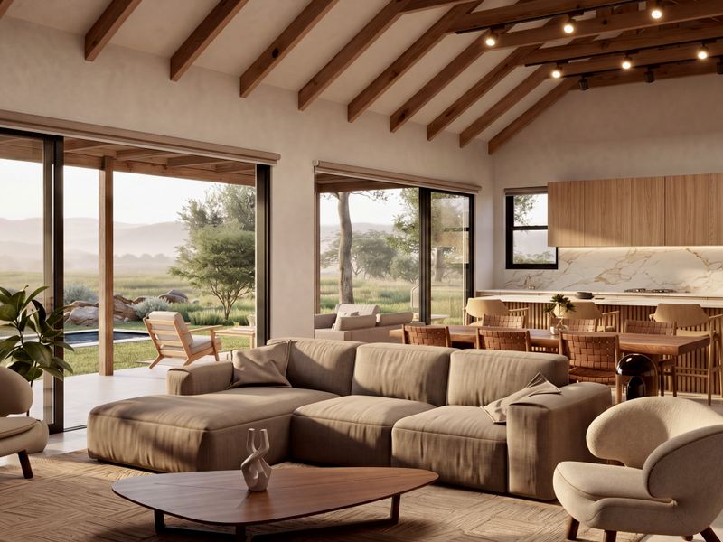 Spacious open-plan living and kitchen area featuring exposed timber beams, modern cabinetry, marble finishes, and large sliding doors opening to a scenic outdoor view.