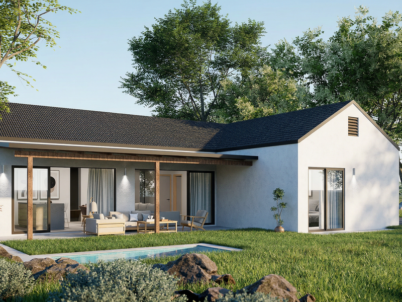 Rear view of a modern single-story home featuring a covered patio, swimming pool, and landscaped garden area.