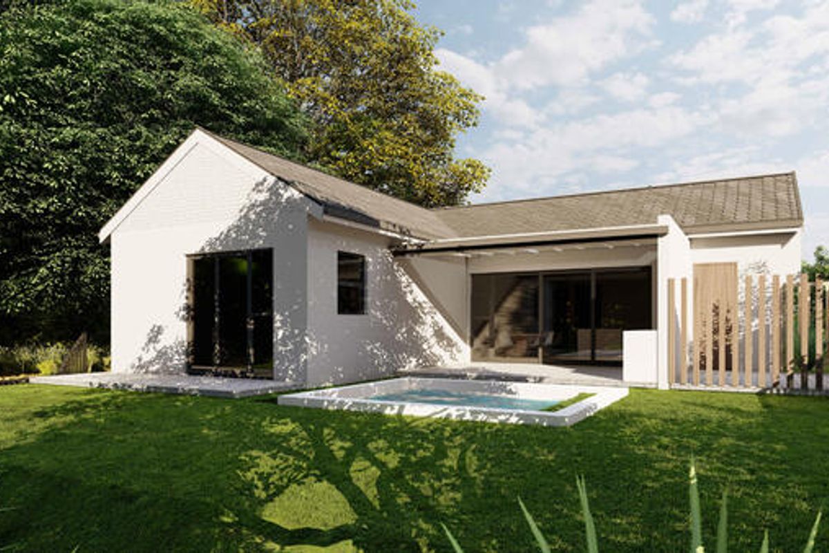Rear view of a modern home featuring a compact plunge pool, covered patio area, and large sliding glass doors opening onto a landscaped garden.