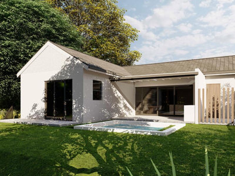 Rear view of a modern home featuring a compact plunge pool, covered patio area, and large sliding glass doors opening onto a landscaped garden.