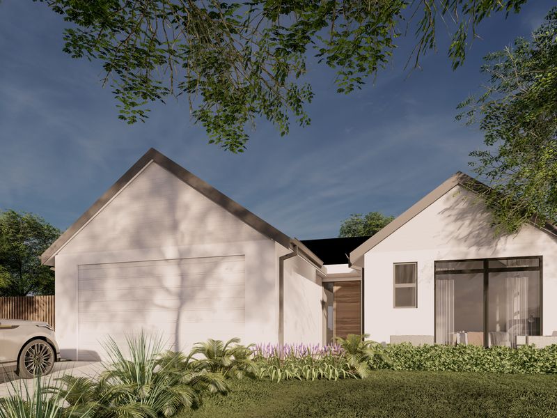 A modern single-story residential facade featuring a gabled roof, integrated garage, and large glass sliding doors set within a landscaped garden.