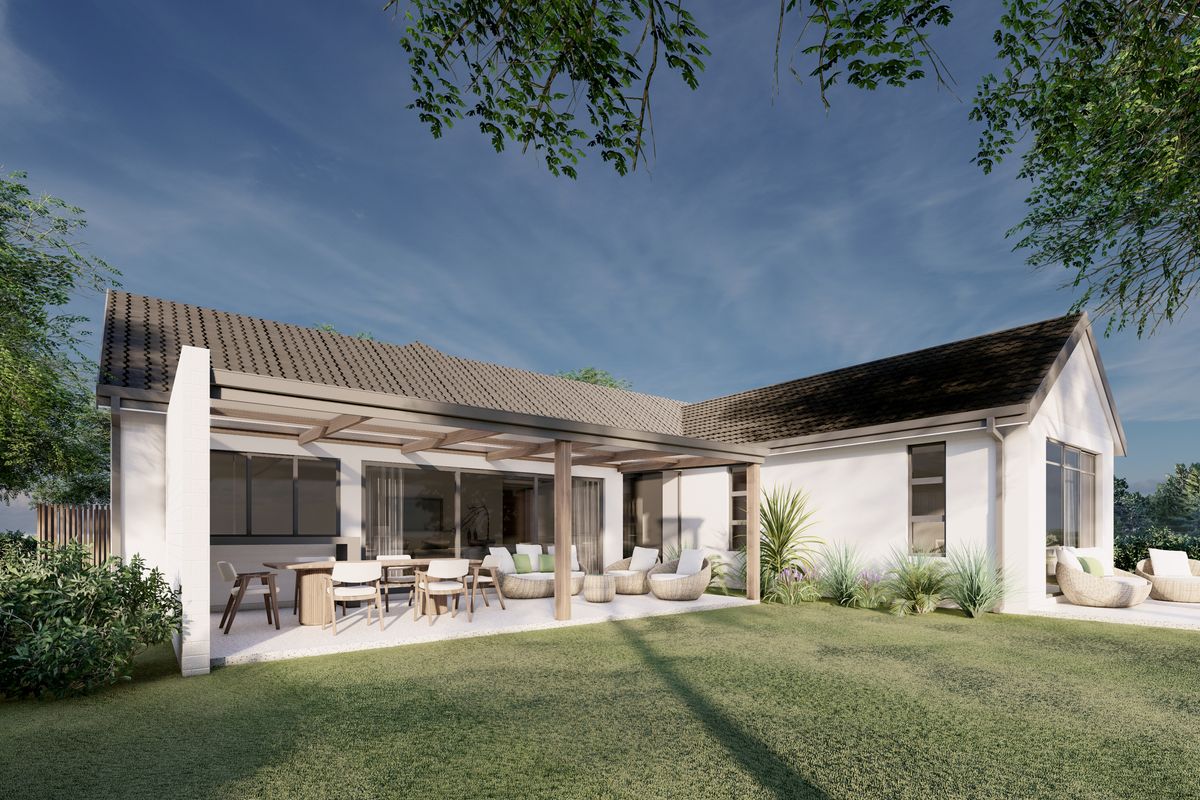 A rear view of the property featuring a covered patio area with timber pergola, sliding glass doors, and a well-maintained garden.