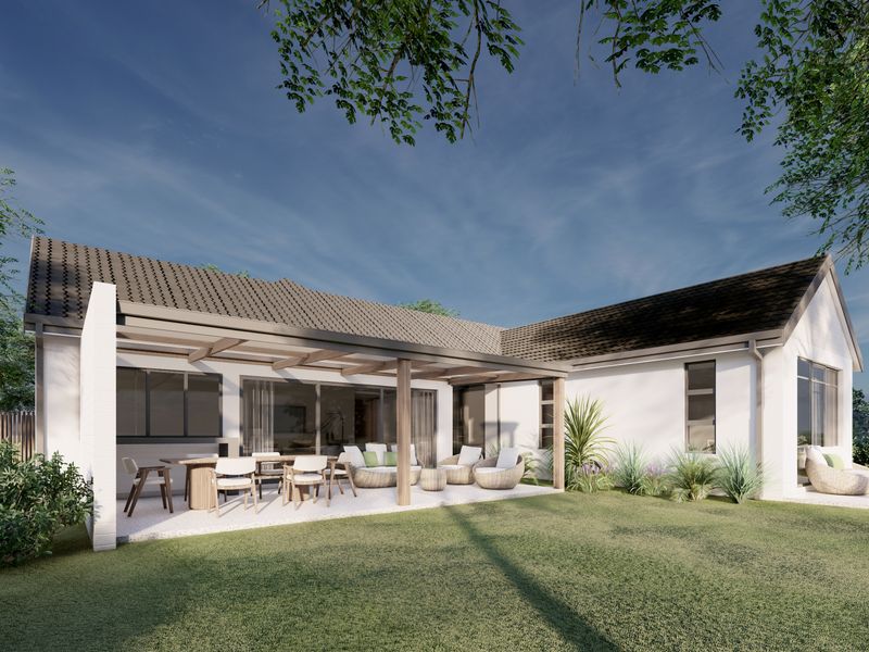 A rear view of the property featuring a covered patio area with timber pergola, sliding glass doors, and a well-maintained garden.