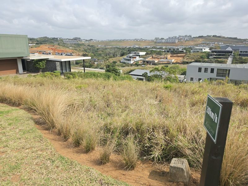 Elevated view overlooking a residential estate with sloped, undeveloped land in the foreground and surrounding modern architectural developments.