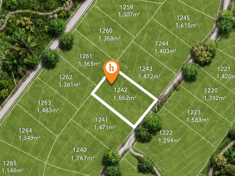 An aerial site plan highlighting plot 1242, measuring 1,662 square meters, within a residential estate development.