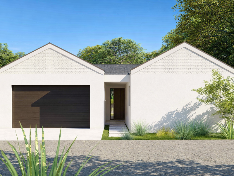 Modern single-story house facade featuring a double gable roof design, a dark garage door, and a clean, minimalist entrance.