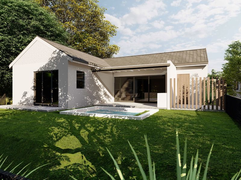 Rear view of a modern house featuring a landscaped garden, a small plunge pool, and a covered patio area with timber privacy screening.