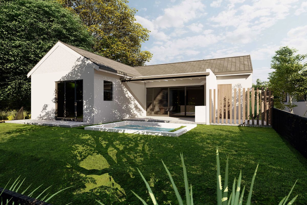 Rear view of a modern house featuring a landscaped garden, a small plunge pool, and a covered patio area with timber privacy screening.