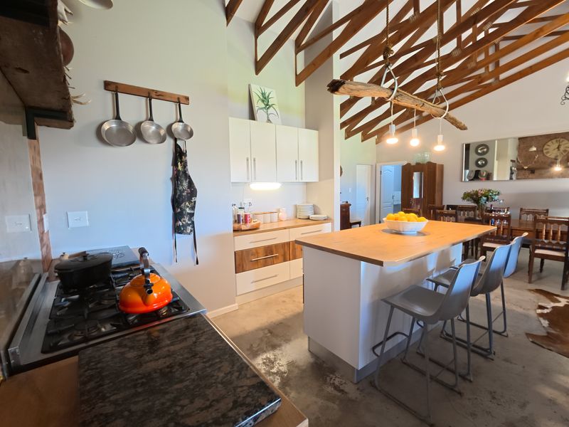 Spacious open-plan kitchen and dining area featuring exposed timber roof trusses, polished concrete floors, and a central island with timber countertop.