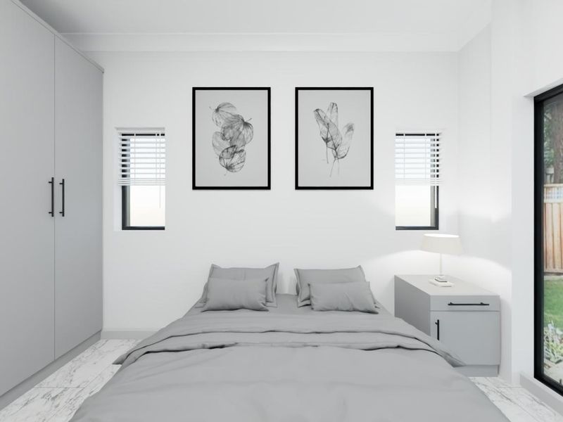 Modern bedroom featuring a large built-in wardrobe, sleek flooring, and a floor-to-ceiling glass door providing direct access to the rear garden.