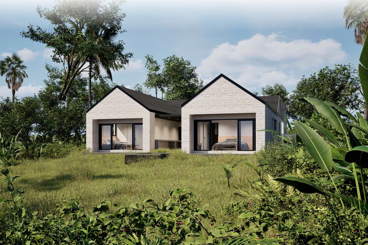 A modern architectural rendering of a residential property featuring a brick facade, pitched roof, and large sliding glass doors opening to a garden.