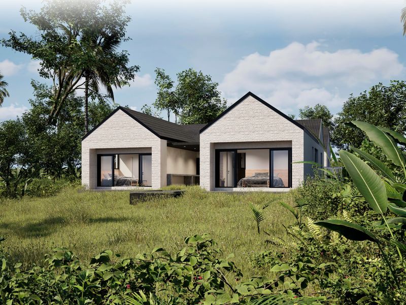 A modern architectural rendering of a residential property featuring a brick facade, pitched roof, and large sliding glass doors opening to a garden.
