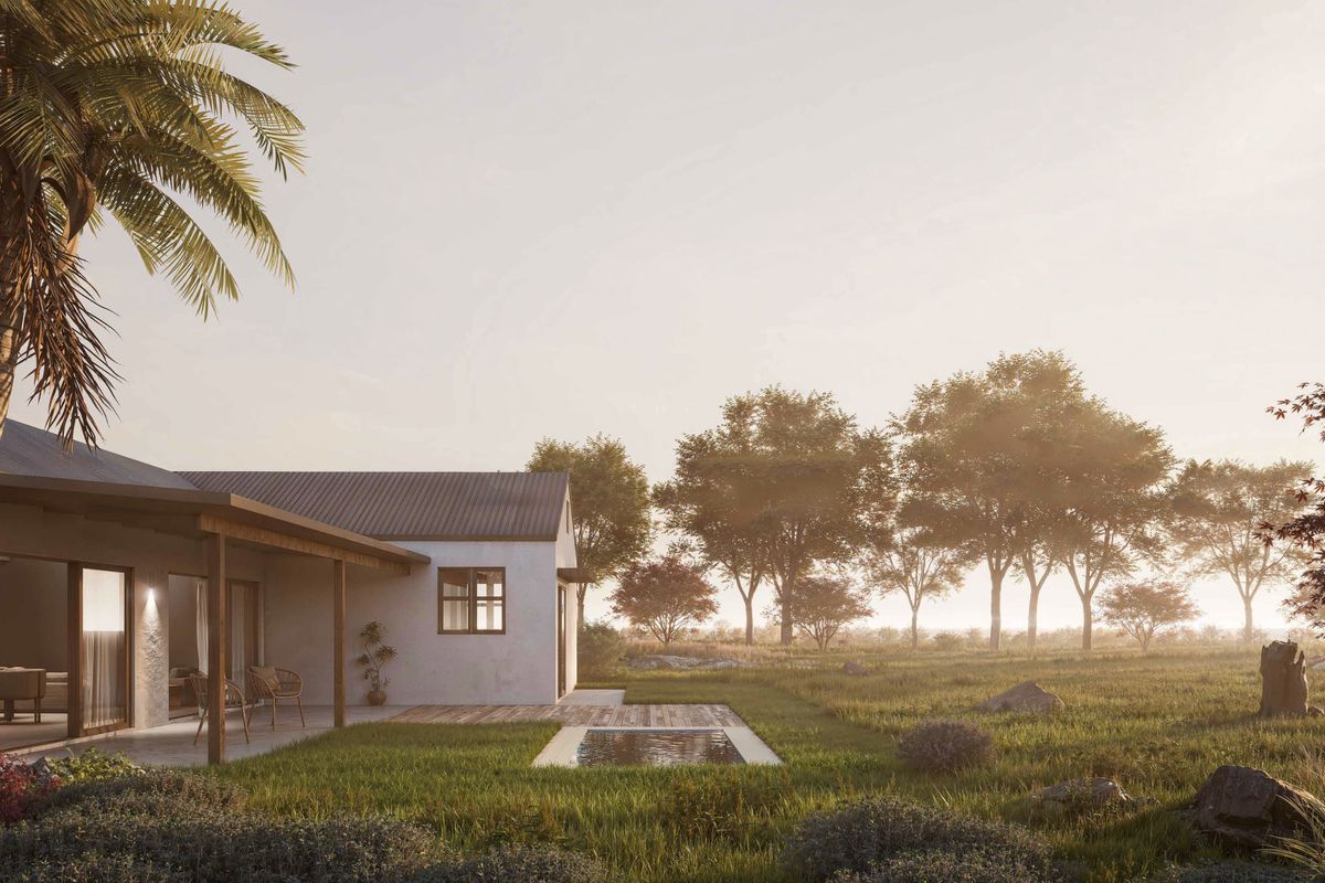 A serene rear exterior view featuring a covered patio, timber decking, and a small plunge pool set within a landscaped garden.