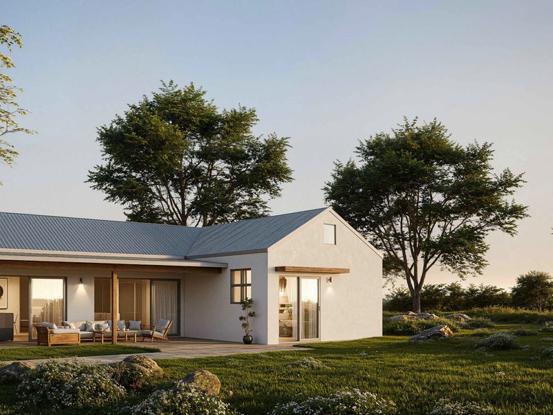 A modern single-story home featuring a covered patio, metal roof, and large sliding glass doors, set within a landscaped garden.