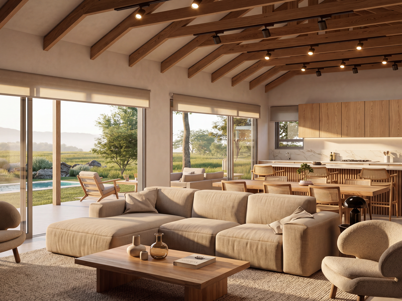 Spacious open-plan living area featuring exposed timber beams, modern kitchen with island, and large sliding doors opening to a scenic outdoor pool area.