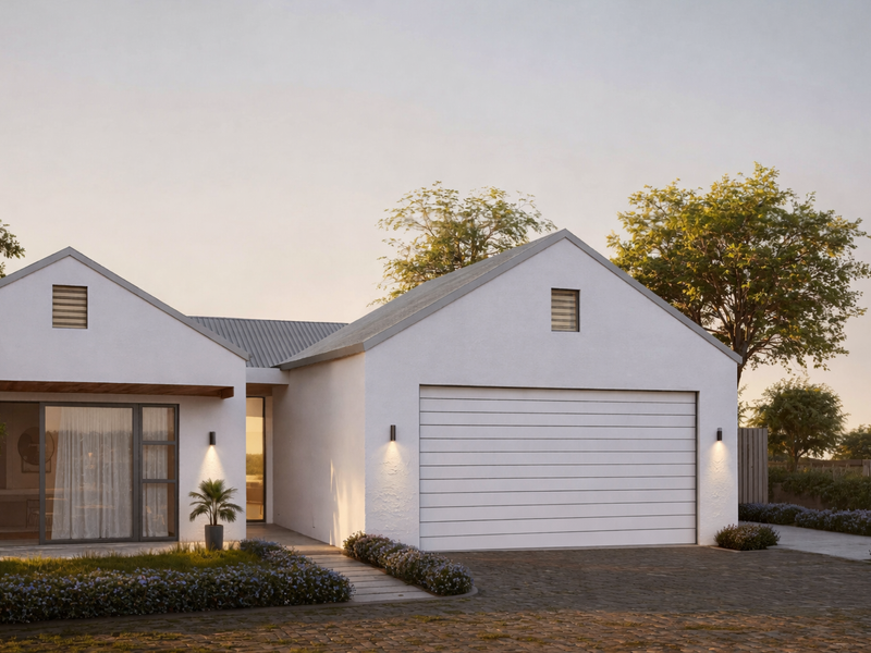 Modern single-story house exterior featuring a clean white facade, a large garage door, and a paved driveway with integrated lighting.